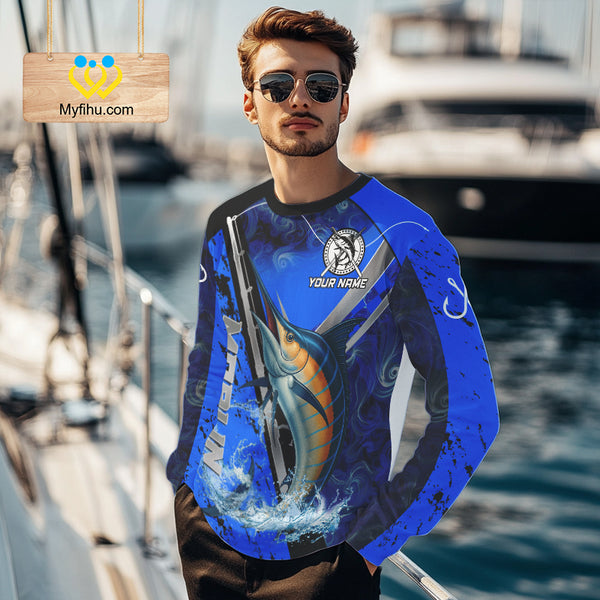 Blue Camo Marlin fishing custom saltwater Marlin sun protection long sleeve fishing shirts for Team NQS10131