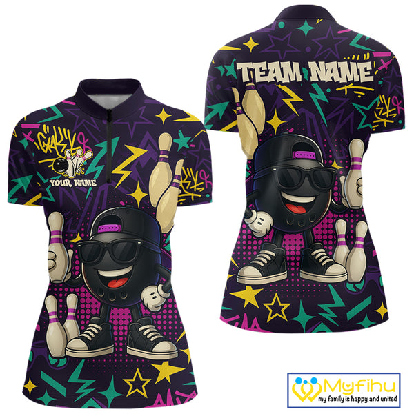 Funny Bowling shirts for Women custom purple graffiti pattern bowling team jerseys, gift for bowlers NQS10271
