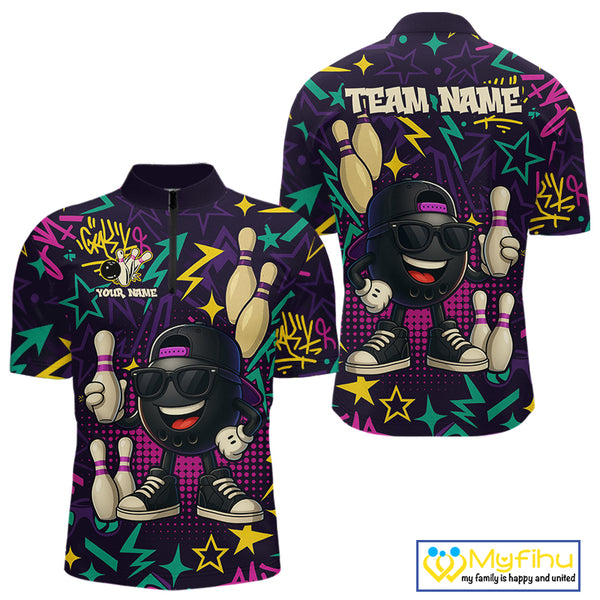 Funny Bowling shirts for Men custom purple graffiti pattern bowling team jerseys, gift for bowlers NQS10271