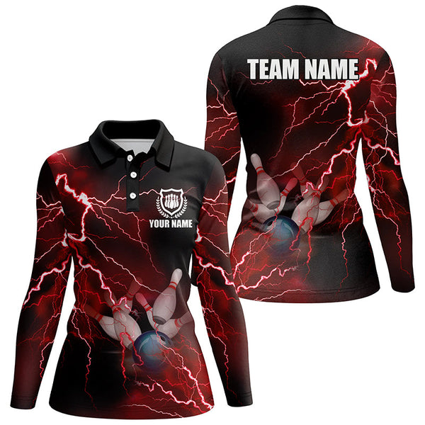 Women bowling polo shirts Custom red lightning thunder Bowling Team Jersey, gift for team Bowlers NQS6145