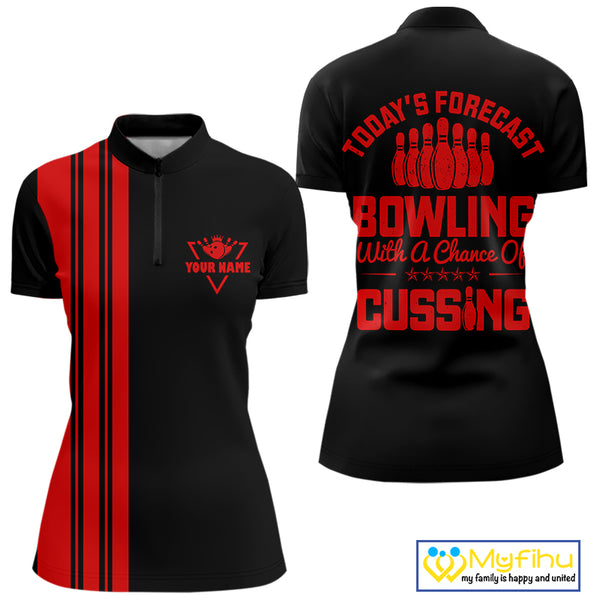 Black and Red retro Bowling shirts for Women custom Today's forecast bowling with a chance of cussing NQS10452