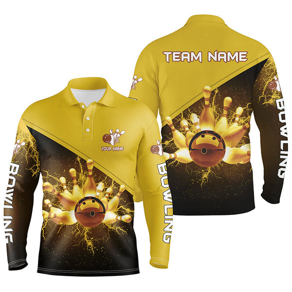 Mens polo bowling shirts Custom gold lightning thunder Bowling Team Jersey, gift for team Bowlers NQS6383