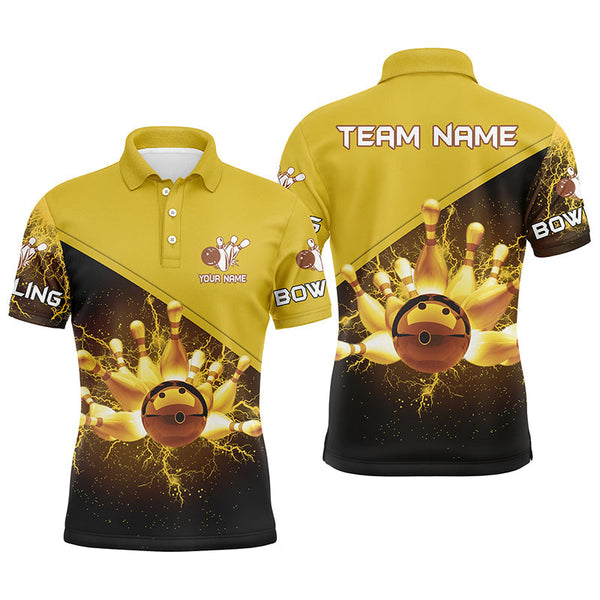 Mens polo bowling shirts Custom gold lightning thunder Bowling Team Jersey, gift for team Bowlers NQS6383
