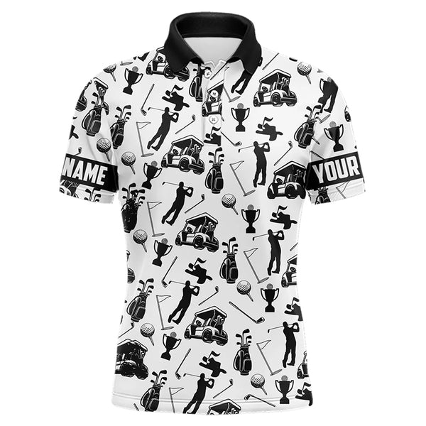 Black and White Golf icons pattern Mens Golf Polo Shirts custom male golf attire mens golf gifts NQS9187