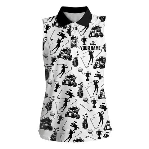 Black and White Golf icons pattern Women Sleeveless Polo Shirt custom female golf attire golf gifts NQS9187