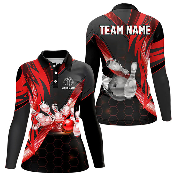 Black and Red Hexagon pattern Bowling Polo, Quarter Zip Shirt for Women Custom Team Bowling Jersey NQS9190