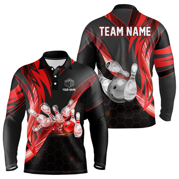 Black and Red Light Hexagon pattern Bowling Polo, Quarter Zip Shirt for Men Custom Team Bowling Jersey NQS9190