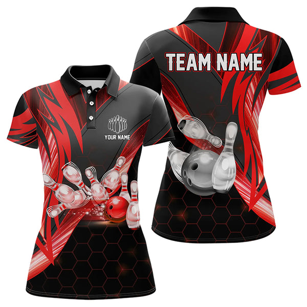 Black and Red Hexagon pattern Bowling Polo, Quarter Zip Shirt for Women Custom Team Bowling Jersey NQS9190