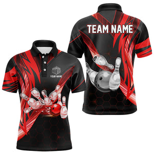 Black and Red Light Hexagon pattern Bowling Polo, Quarter Zip Shirt for Men Custom Team Bowling Jersey NQS9190