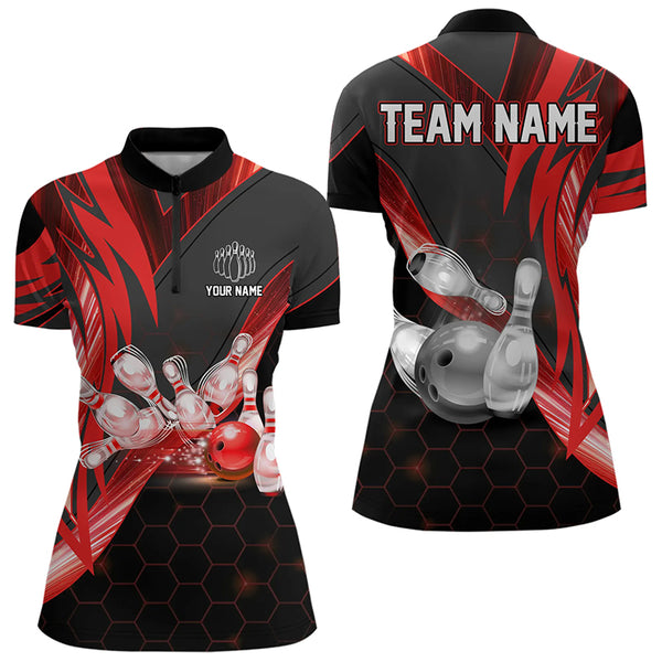 Black and Red Hexagon pattern Bowling Polo, Quarter Zip Shirt for Women Custom Team Bowling Jersey NQS9190