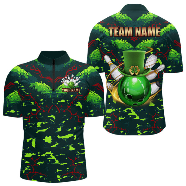Personalized Green Camo Bowling Polo, 1/4 Zip shirts for Men custom St Patrick Day Bowling Team Jersey NQS9547
