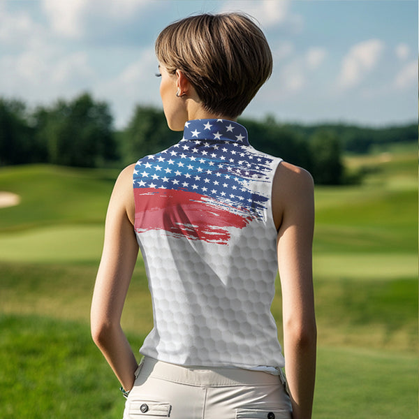 Personalized Red, White and Blue American Flag Women sleeveless polo shirt, patriotic ladies golf tops NQS9550