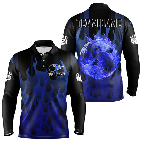 Personalized Black and Blue Flame Bowling Shirts For Men Custom Fire bowling jerseys NQS9552