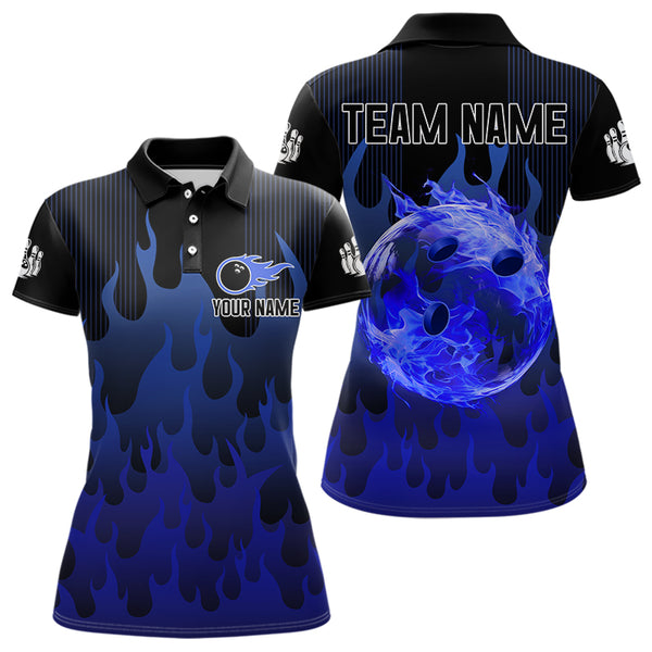 Personalized Black and Blue Flame Bowling Shirts For Women Custom Fire bowling jerseys NQS9552