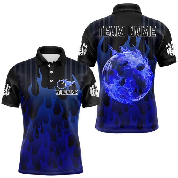 Personalized Black and Blue Flame Bowling Shirts For Men Custom Fire bowling jerseys NQS9552