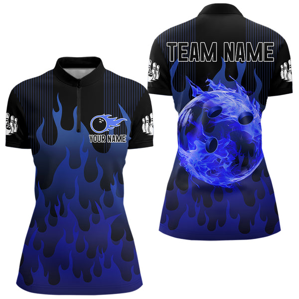 Personalized Black and Blue Flame Bowling Shirts For Women Custom Fire bowling jerseys NQS9552