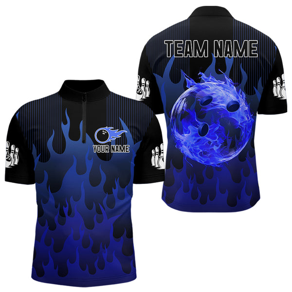 Personalized Black and Blue Flame Bowling Shirts For Men Custom Fire bowling jerseys NQS9552