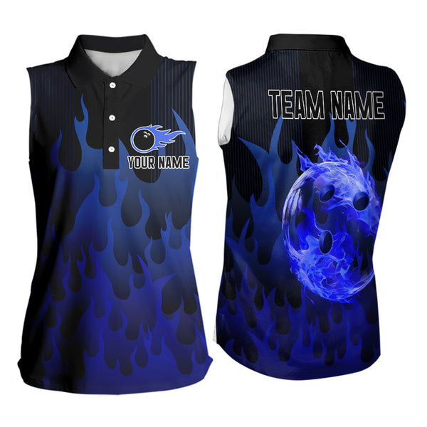 Personalized Black and Blue Flame Bowling Sleeveless Polo Shirt Custom Fire bowling jerseys NQS9552