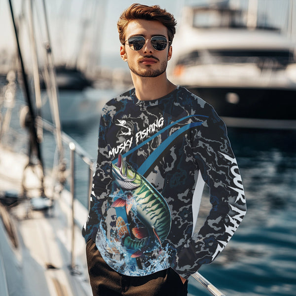 Custom Musky Fishing Camo Long Sleeve Fishing Shirts, Personalized Muskie Fishing Team Jerseys NQS9702