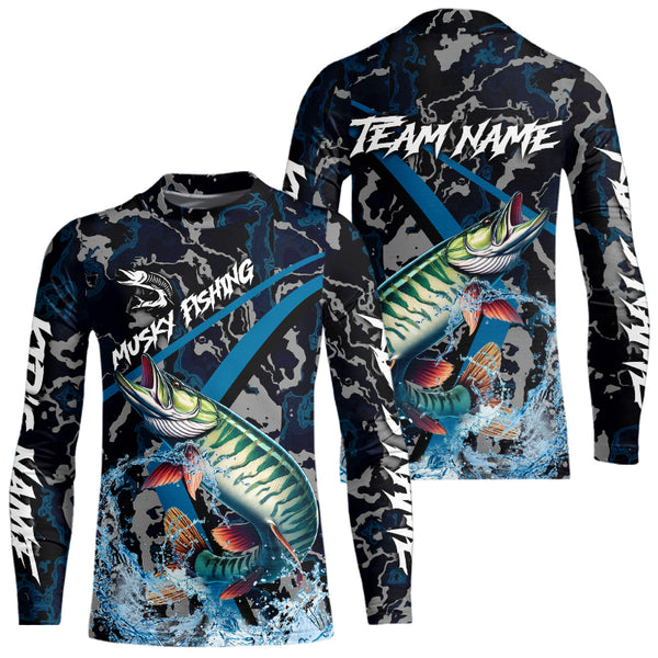 Custom Musky Fishing Camo Long Sleeve Fishing Shirts, Personalized Muskie Fishing Team Jerseys NQS9702