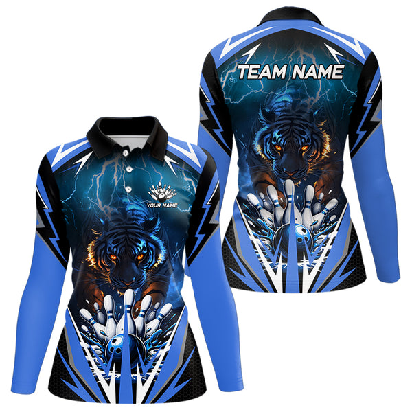 Blue Lightning Thunder Tiger Women Bowling Polo, Quarter Zip Shirt Custom Bowler Jersey bowling outfit NQS9706