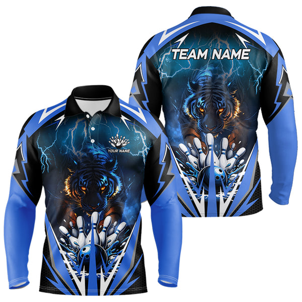 Blue Lightning Thunder Tiger Mens Bowling Polo, Quarter Zip Shirts Custom Bowler Jersey bowling outfit NQS9706