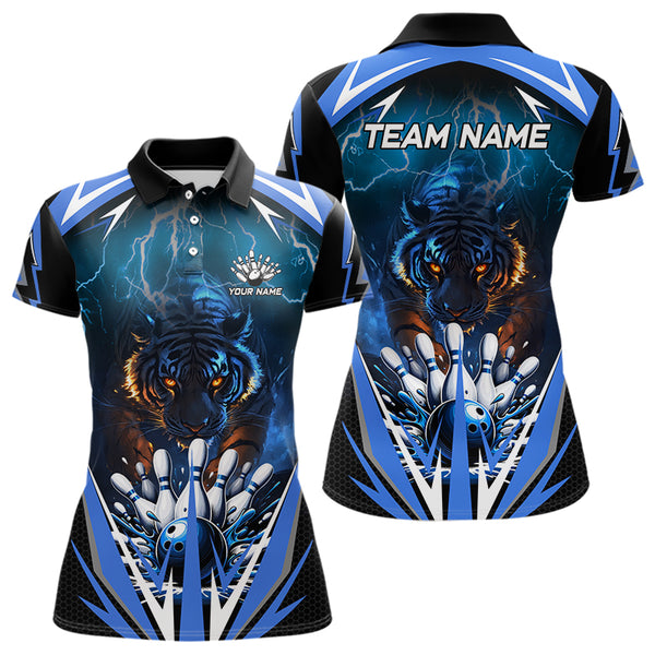 Blue Lightning Thunder Tiger Women Bowling Polo, Quarter Zip Shirt Custom Bowler Jersey bowling outfit NQS9706