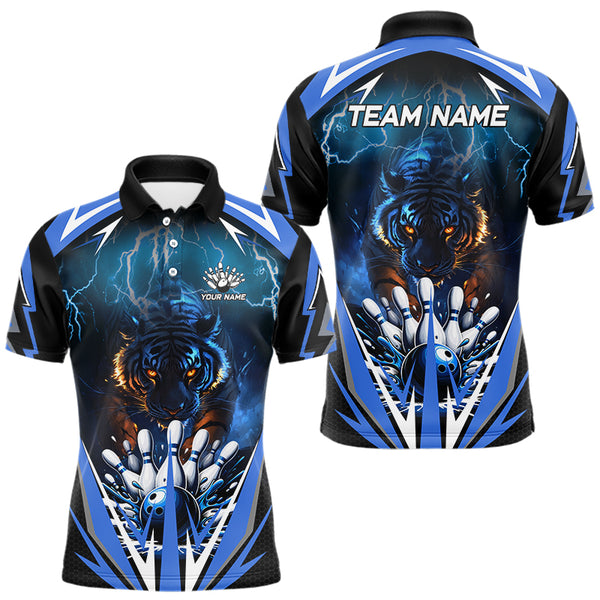 Blue Lightning Thunder Tiger Mens Bowling Polo, Quarter Zip Shirts Custom Bowler Jersey bowling outfit NQS9706