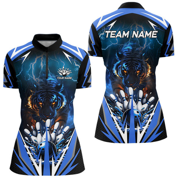 Blue Lightning Thunder Tiger Women Bowling Polo, Quarter Zip Shirt Custom Bowler Jersey bowling outfit NQS9706