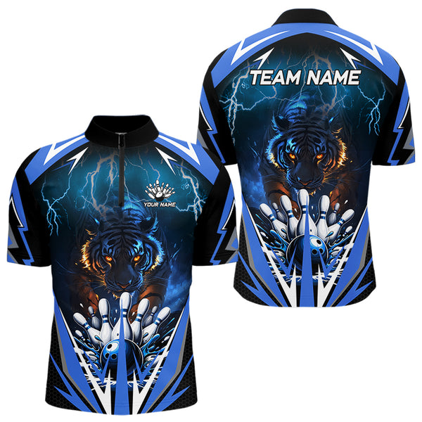 Blue Lightning Thunder Tiger Mens Bowling Polo, Quarter Zip Shirts Custom Bowler Jersey bowling outfit NQS9706