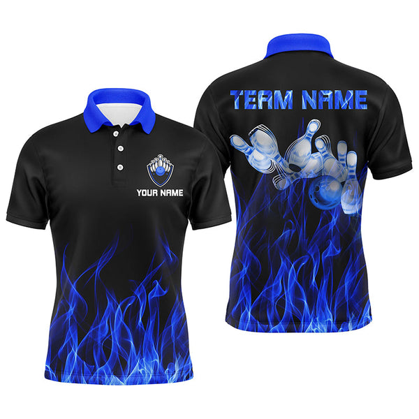 Personalized Men polo Bowling Shirt Blue Flame Bowling Ball and Pins bowling jerseys for men Bowler NQS5488