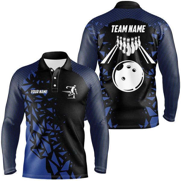 Black And Blue pattern Bowling Polo, 1/4 Quarter Zip Shirts For Men, Custom Name Bowling Team Jerseys NQS7845