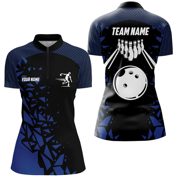 Black And Blue pattern Bowling Polo, 1/4 Quarter Zip Shirts For Women, Custom Name Bowling Team Jersey NQS7845