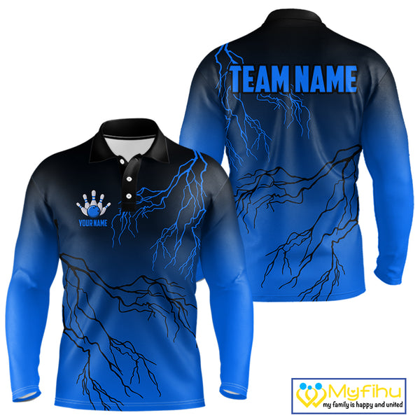 Black and Blue gradient Lightning thunder storm Bowling shirts for Men Custom Bowling Team Jerseys NQS10135