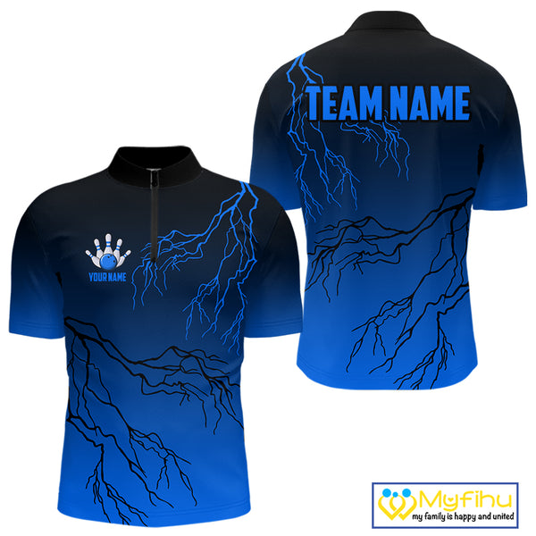 Black and Blue gradient Lightning thunder storm Bowling shirts for Men Custom Bowling Team Jerseys NQS10135