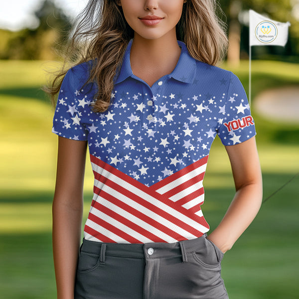 Red, White and Blue Women golf polo shirts Custom American Flag patriotic Golf attire for ladies NQS10137