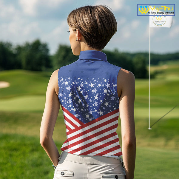 Red, White and Blue  Women sleeveless polo shirt Custom American Flag patriotic ladies Golf attire NQS10137