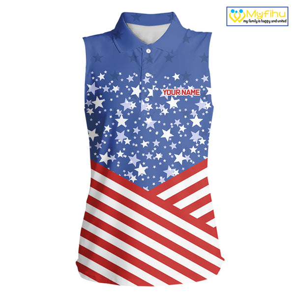 Red, White and Blue  Women sleeveless polo shirt Custom American Flag patriotic ladies Golf attire NQS10137