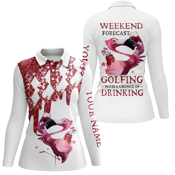 Women golf polo shirts pink glitter flamingo custom weekend forecast golfing with a chance of drinking NQS5957