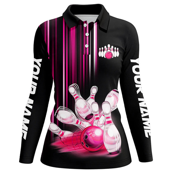 Black and pink light Women bowling Polo, Quarter Zip Shirt Custom bowling ball and pins Team jerseys NQS8067