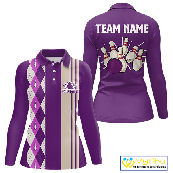 Retro Purple argyle pattern Bowling shirts For Women custom bowling team jerseys Bowler Outfits NQS10275