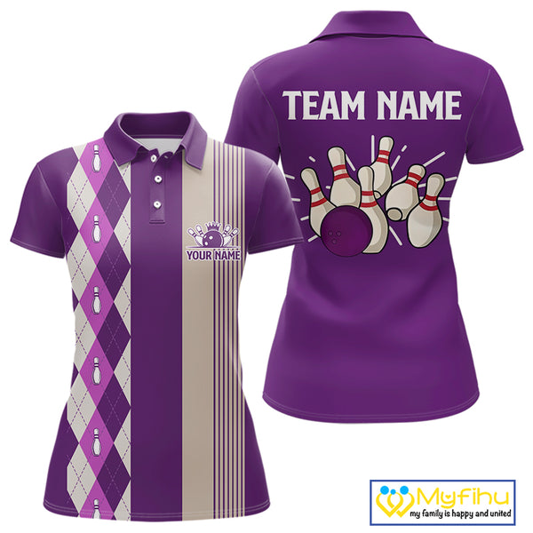 Retro Purple argyle pattern Bowling shirts For Women custom bowling team jerseys Bowler Outfits NQS10275