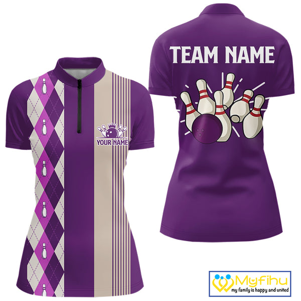 Retro Purple argyle pattern Bowling shirts For Women custom bowling team jerseys Bowler Outfits NQS10275