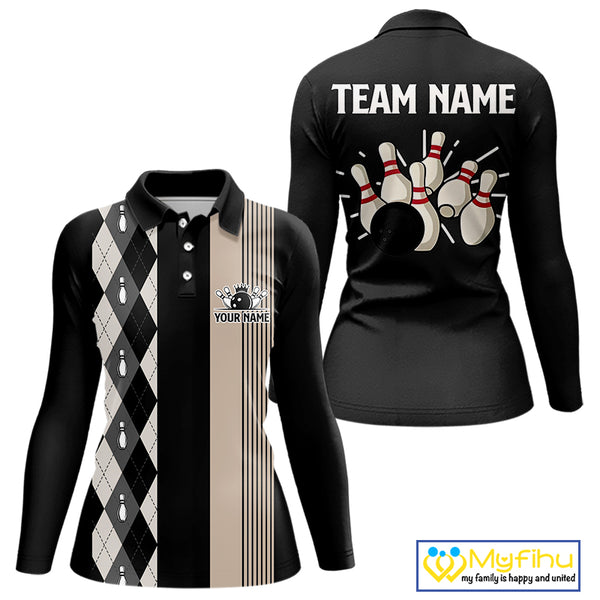Retro Black argyle pattern Bowling shirts For Women custom bowling team jerseys Bowler Outfits NQS10276