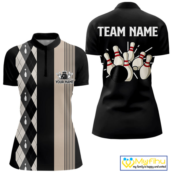 Retro Black argyle pattern Bowling shirts For Women custom bowling team jerseys Bowler Outfits NQS10276