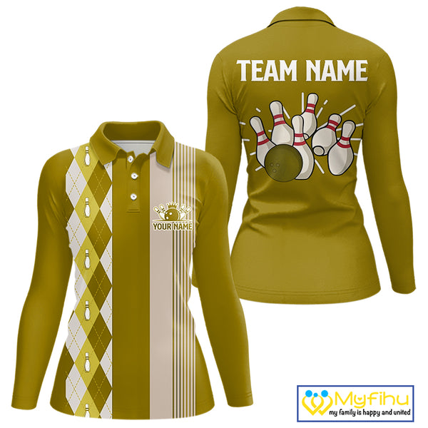 Retro Yellow argyle pattern Bowling shirts For Women custom bowling team jerseys Bowler Outfits NQS10277