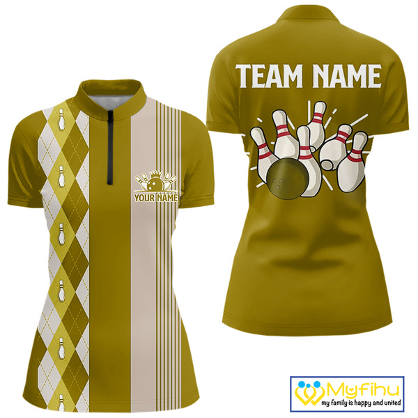 Retro Yellow argyle pattern Bowling shirts For Women custom bowling team jerseys Bowler Outfits NQS10277