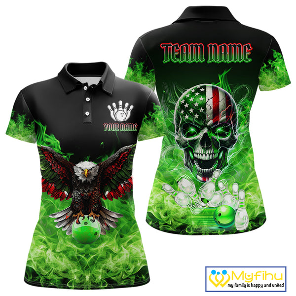 Green Flame Smoke American Flag Eagle Skull Women Bowling Shirts Custom Patriotic Bowling Team Jersey NQS10278