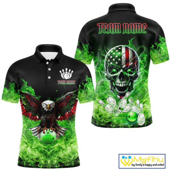 Green Flame Smoke American Flag Eagle Skull Mens Bowling Shirts Custom Patriotic Bowling Team Jersey NQS10278
