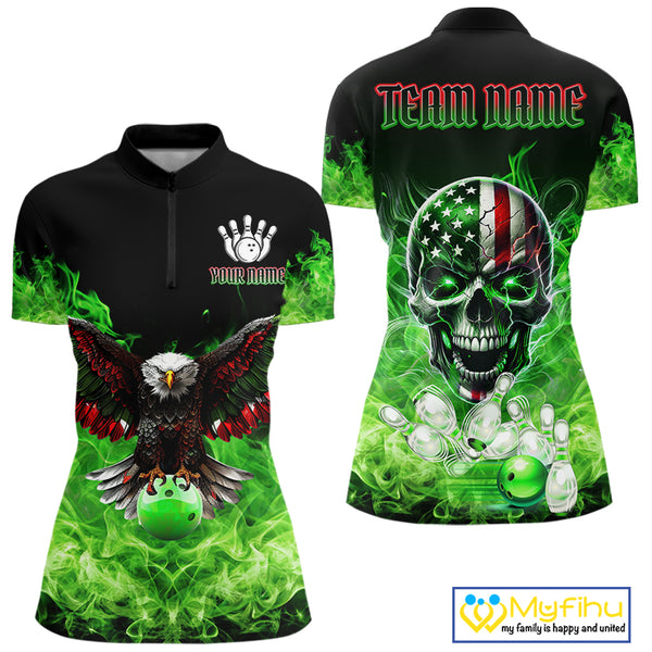 Green Flame Smoke American Flag Eagle Skull Women Bowling Shirts Custom Patriotic Bowling Team Jersey NQS10278